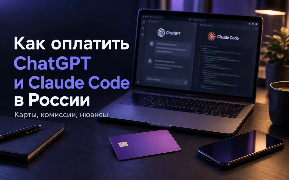 Как оплатить ChatGPT и Claude Code в России: ноутбук, смартфон и фиолетовая карта. Авторская AI-иллюстрация.